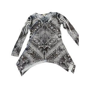 One World Live and Let Live Gray Black Long Sleeve Shirt Blouse Women's Size Lar